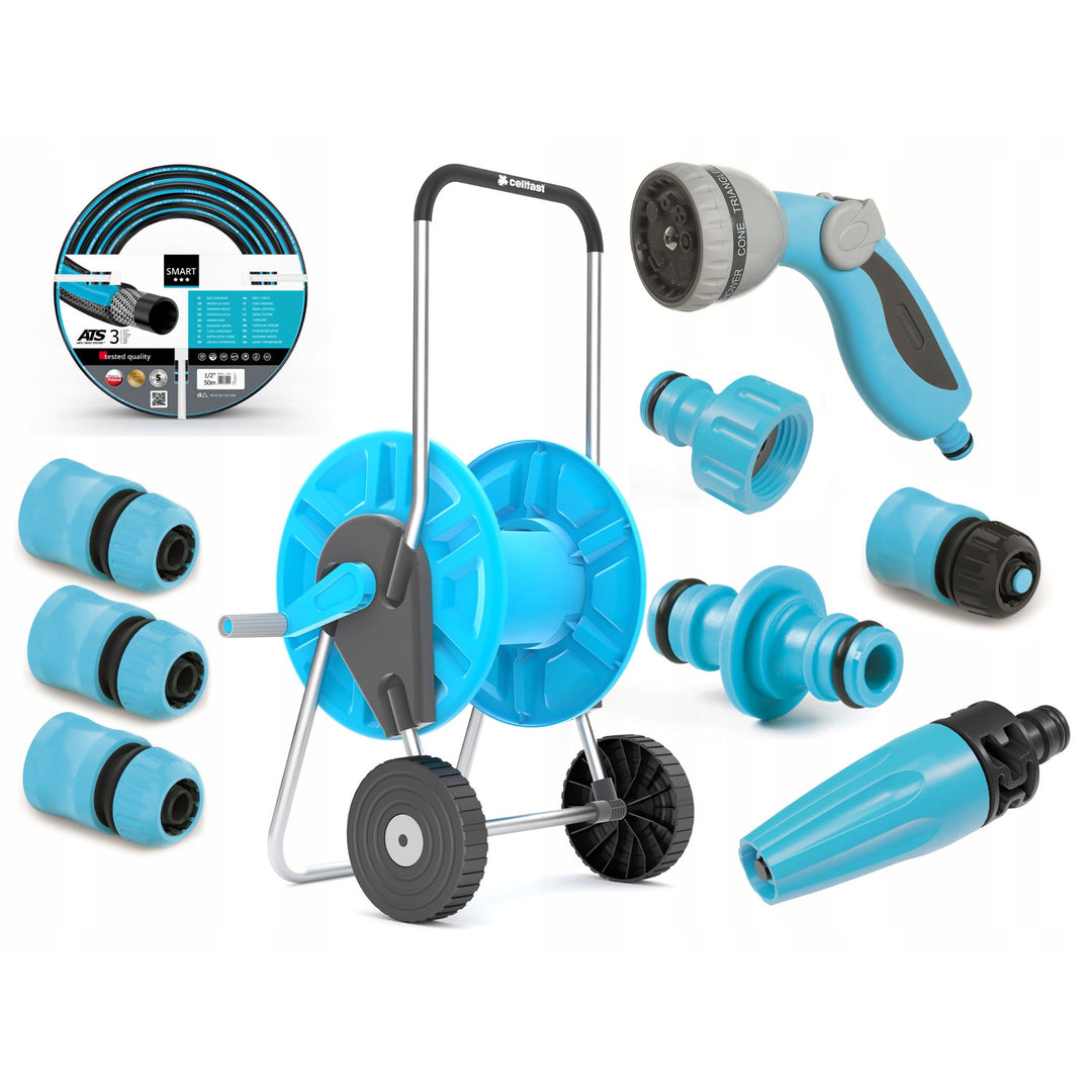 Conjunto de jardim Cellfast, mangueira Smart ATS de 1/2'' 50 m, carrinho Aluplus de 1/2'' 60 m