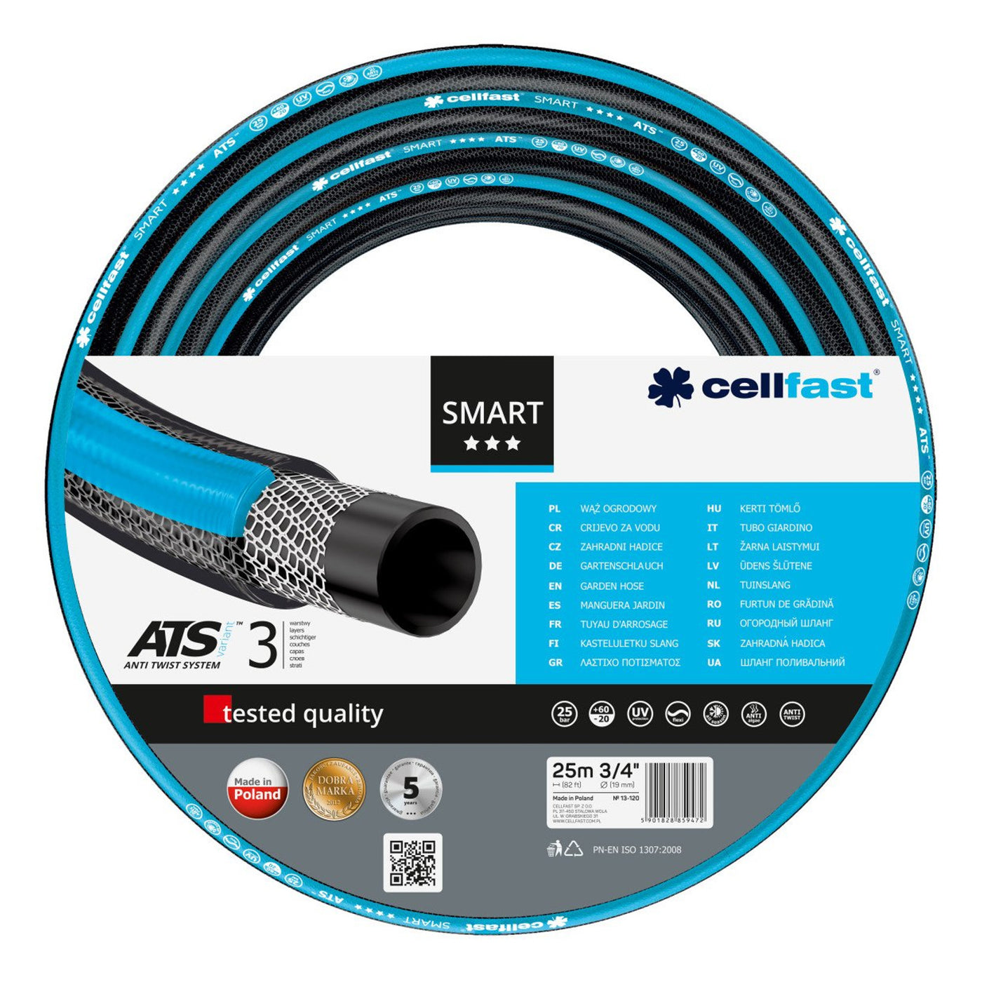 Set de jardín Cellfast, manguera Smart ATS 3/4'' 25m, carro Aluplus 1/2'' 60m