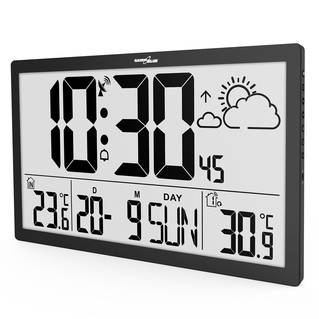 GreenBlue GB218 Estación Meteorológica Reloj de Pared Digital con Sensor de Exterior, Reloj DCF con Pantalla LCD, Alarma con Función Snooze, Temperatura Interior y Exterior, Previsión Meteorológica, 37x22,5cm,