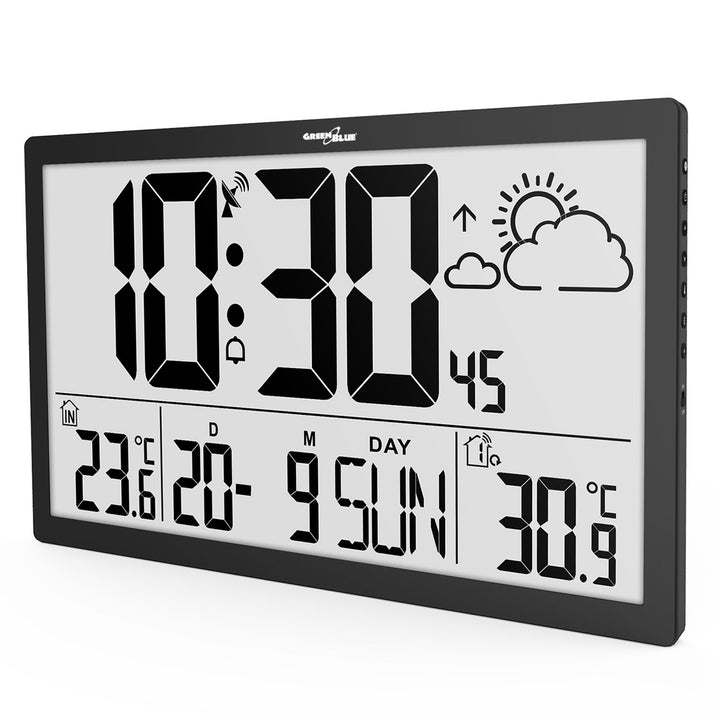 GreenBlue GB218 Estación Meteorológica Reloj de Pared Digital con Sensor de Exterior, Reloj DCF con Pantalla LCD, Alarma con Función Snooze, Temperatura Interior y Exterior, Previsión Meteorológica, 37x22,5cm,