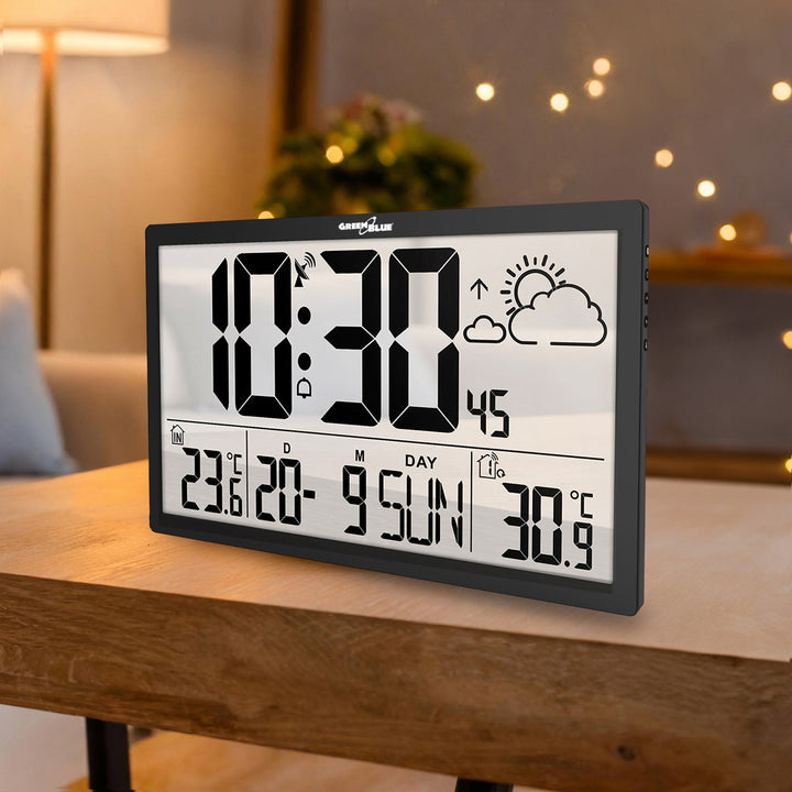 GreenBlue GB218 Estación Meteorológica Reloj de Pared Digital con Sensor de Exterior, Reloj DCF con Pantalla LCD, Alarma con Función Snooze, Temperatura Interior y Exterior, Previsión Meteorológica, 37x22,5cm,