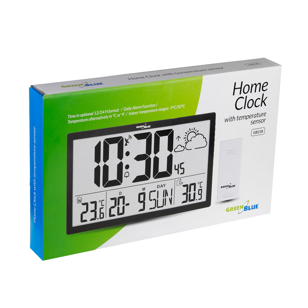 GreenBlue GB218 Estación Meteorológica Reloj de Pared Digital con Sensor de Exterior, Reloj DCF con Pantalla LCD, Alarma con Función Snooze, Temperatura Interior y Exterior, Previsión Meteorológica, 37x22,5cm,