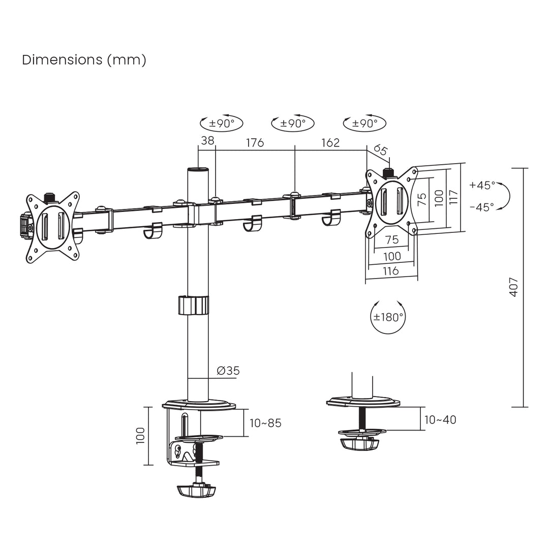 Maclean MC-754N Soporte de Sobremesa para 2 Monitores, VESA 75x75 y 100x100, 17-32", Carga max. 2x 9kg