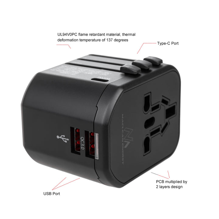 Maclean MCE238N Adaptador de Viaje, Adaptador de Corriente USB, 2xUSB 3A + USB-C PD 20W, Fusible 8A, Carga rápida y rápida, 200 países en todo el mundo