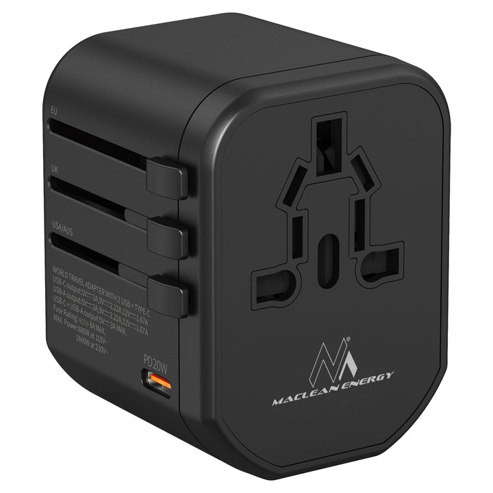 Maclean MCE238N Adaptador de Viaje, Adaptador de Corriente USB, 2xUSB 3A + USB-C PD 20W, Fusible 8A, Carga rápida y rápida, 200 países en todo el mundo