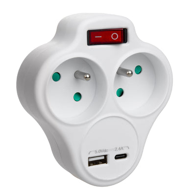 Filtro de linha, splitter Maclean MCE336 E com 2 tomadas e CA USB 2,4 A, tipo E, 2x16 A