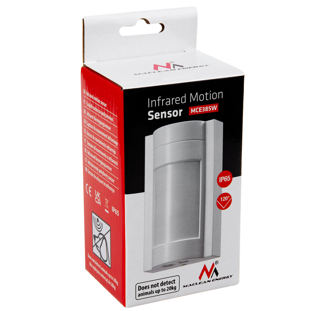 Maclean MCE385 W Detector de movimiento infrarrojo PIR para exteriores, inmune a mascotas, máx.1200W, IP65