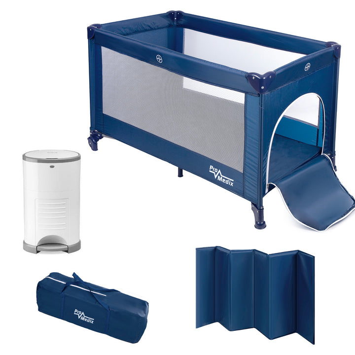 Promedix Cuna de viaje,125x65x74cm, azul, ruedas, funda protectora, PR-803B + Cubo pañales Korbell 9L