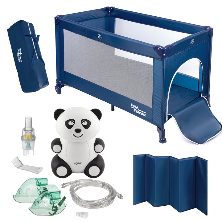 Promedix Cuna de viaje,125x65x74cm, azul, ruedas, funda protectora, PR-803B + Inhalador bebé panda PR-812