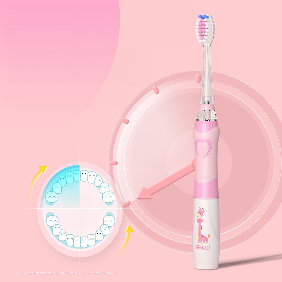 SEAGO Cepillo Dental Sónico Infantil, Color Rosa, 1xAA 1,5V (no incluido), 3 Puntas de Repuesto, SG-977 Rosa