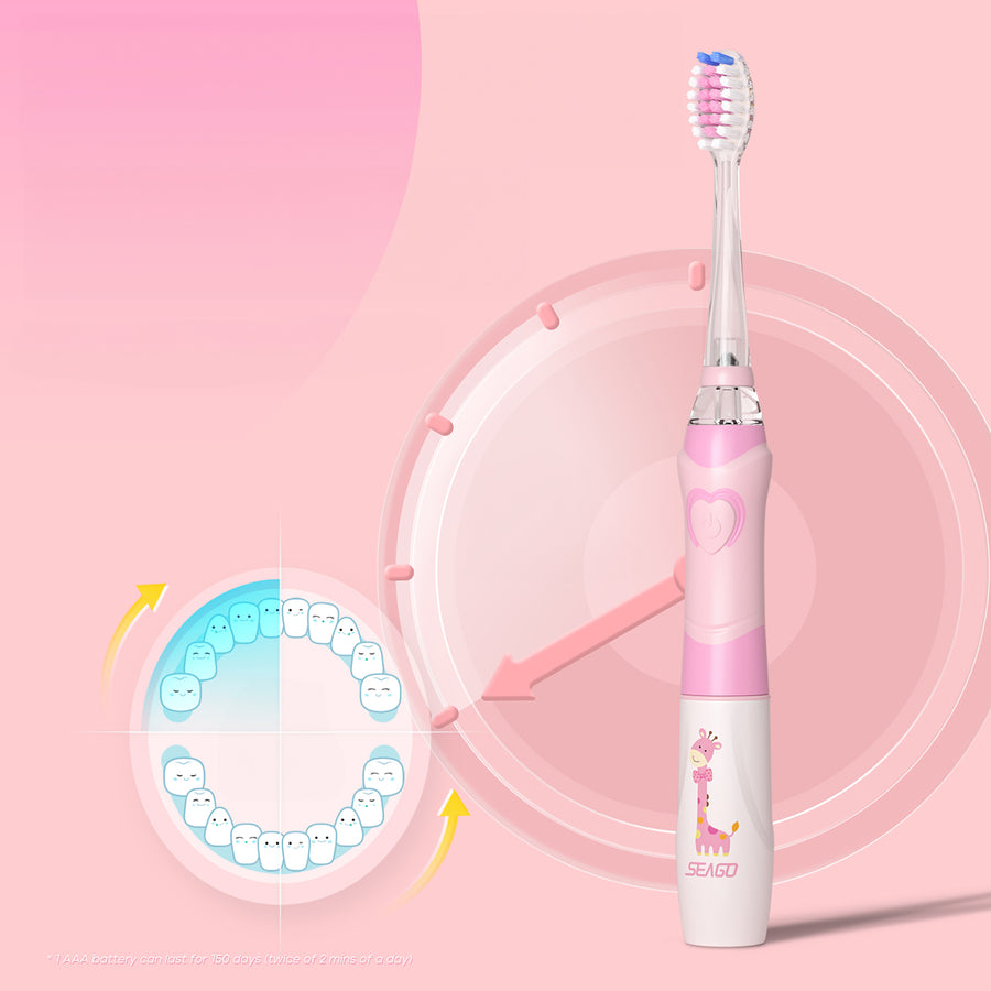 SEAGO Cepillo Dental Sónico Infantil, Color Rosa, 1xAA 1,5V (no incluido), 3 Puntas de Repuesto, SG-977 Rosa