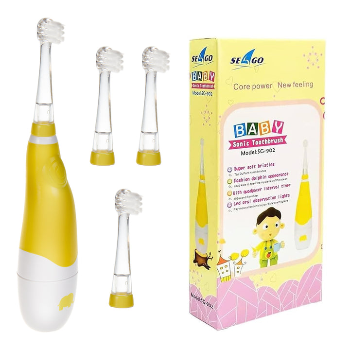 SEAGO Cepillo Dental Sónico Infantil, Color Amarillo, 1xAA 1,5V (no incluido), 4 Puntas de Repuesto, SG-902 Amarillo