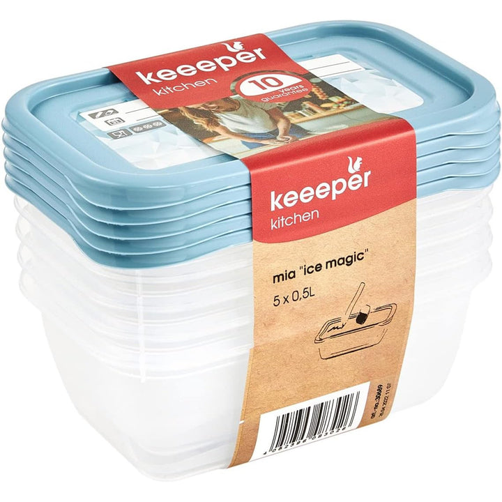 Keeeper Set de 5 recipientes de congelación, Tapas con etiquetas reutilizables, 5 x 500 ml, 15,5 x 10,5 x 6 cm, Mia Magic Ice, Azul Nordic