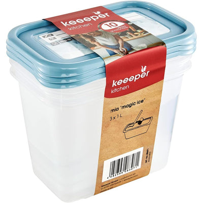 Conjunto de 3 recipientes para congelador Keeper, tampas com etiquetas reutilizáveis, 3 x 1 L, 15,5 x 10,5 x 11,5 cm, Mia Magic Ice, azul nórdico