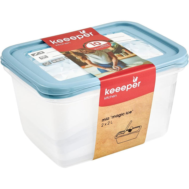 keeeper Set de 2 recipientes para congelación, Tapa con etiqueta reutilizable, 2 x 2 L, 20,5 x 15,5 x 10,5 cm, Mia Magic Ice, Azul Nordic