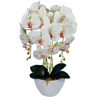 Orquídea artificial Damich de 3 hastes, branca com coração rosa, borracha, 3pgb2