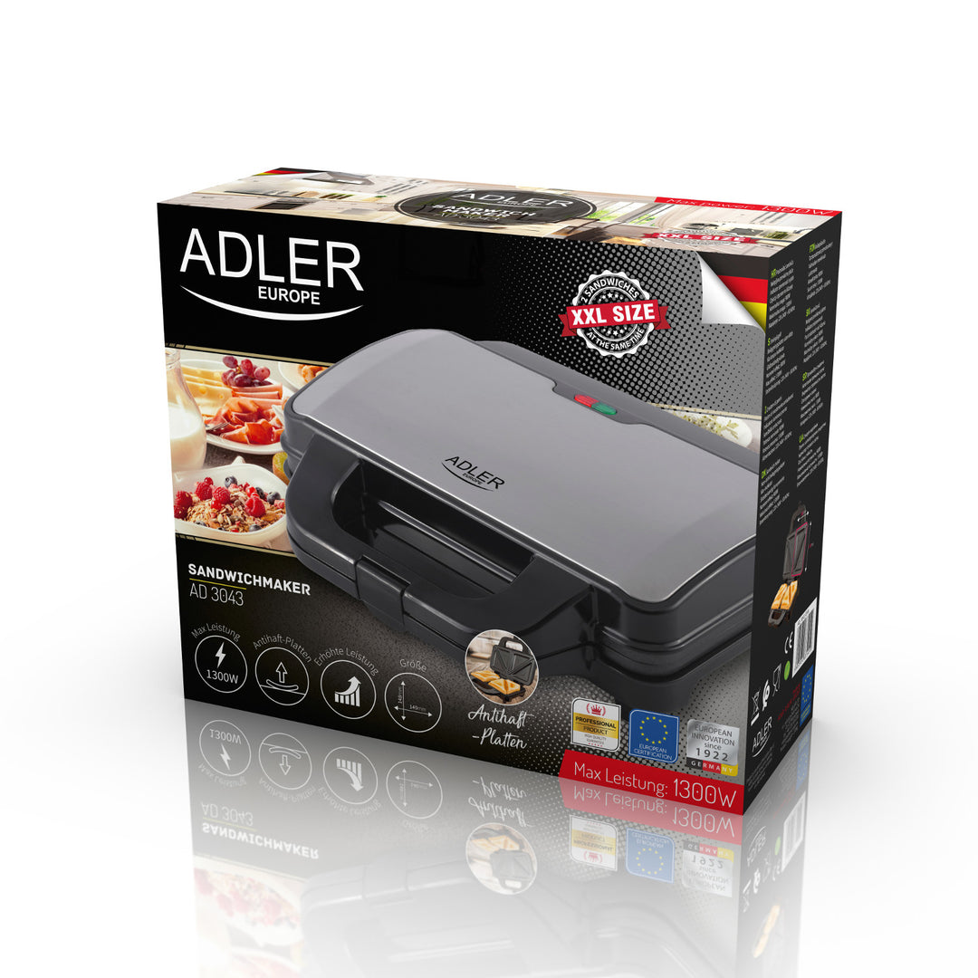 Adler AD 3043 Tostadora de Sandwiches, Tamaño XXL, 1300W